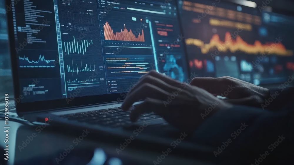 Poster close up of a business analyst's hands typing on a laptop keyboard, surrounded by charts and graphs 