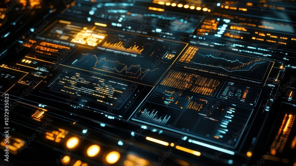 Poster close-up of a digital screen displaying financial stock market data with graphs and analytics, illus