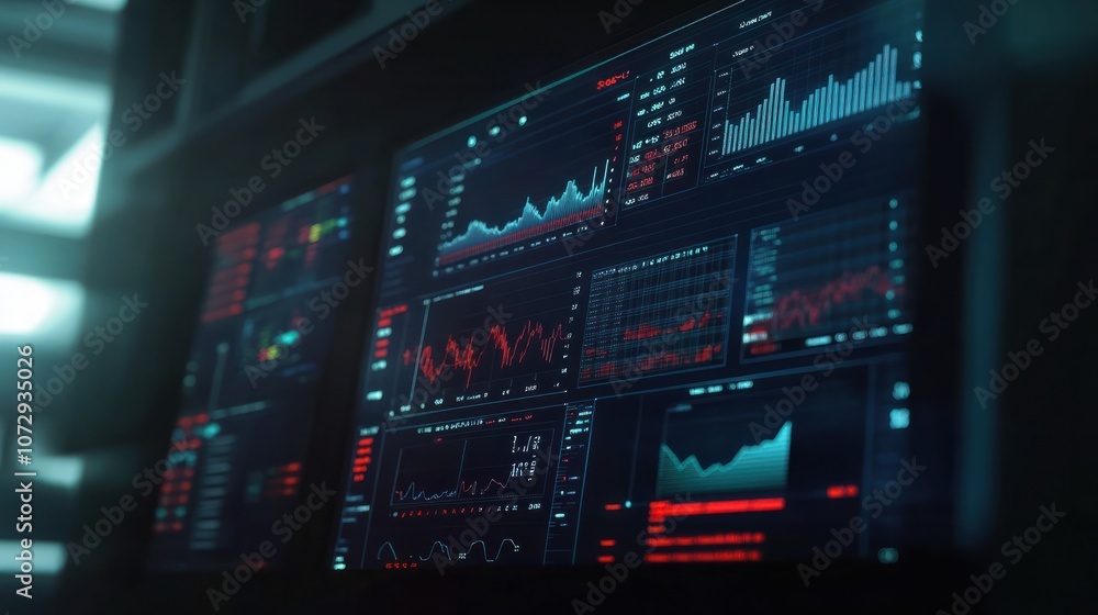 Poster close-up of a digital screen displaying financial stock market data with graphs and analytics, illus