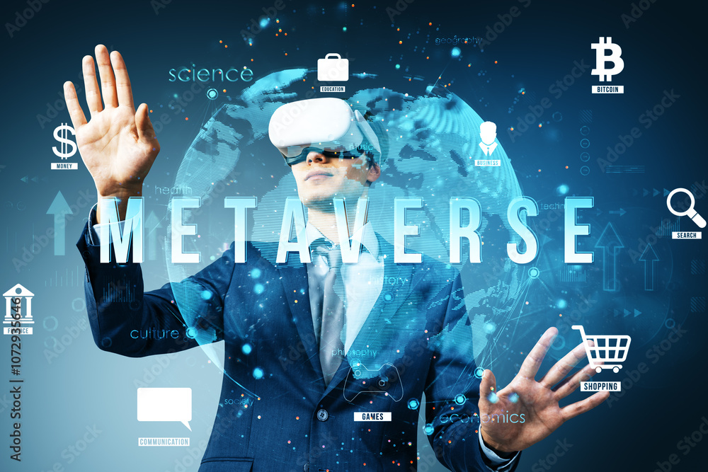 Poster man in vr headset interacting with virtual icons related to the metaverse, digital technology, and b