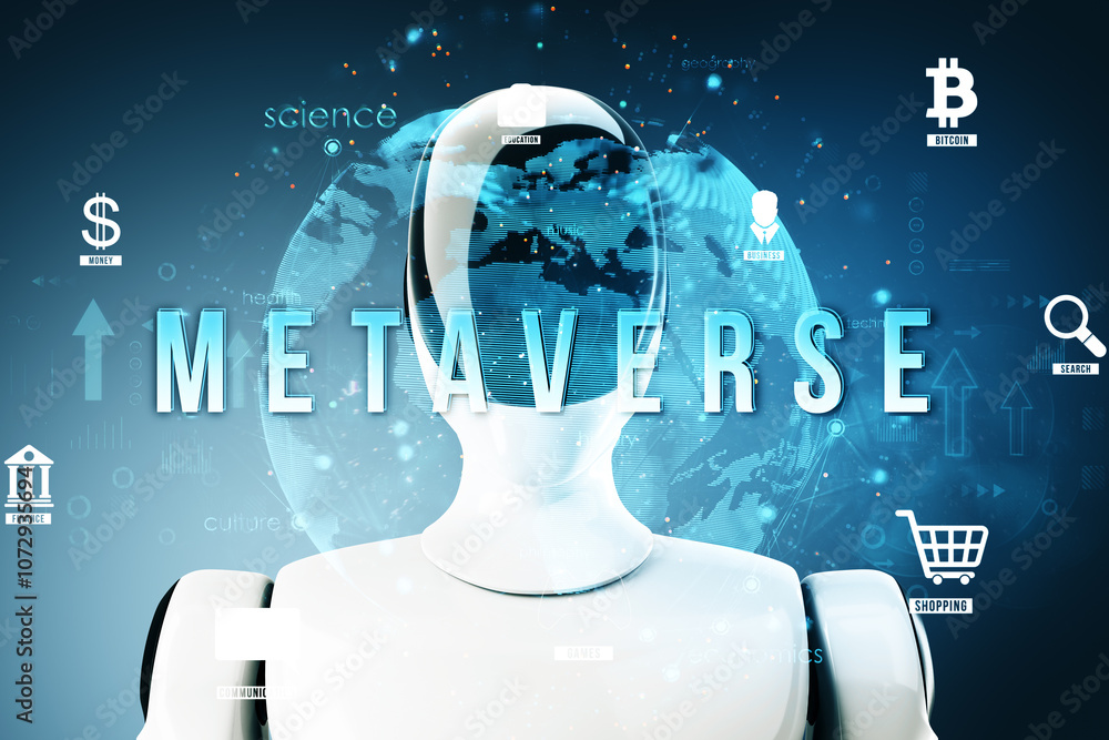 Poster Futuristic robot with a globe background and metaverse concept icons on a digital interface. 3D Rendering