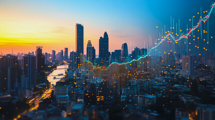 Obraz premium Abstract business team stands on the peak of success amid tall, innovative Smart city and graphs with statistics to analyze business potential and predict future developments in company growth.