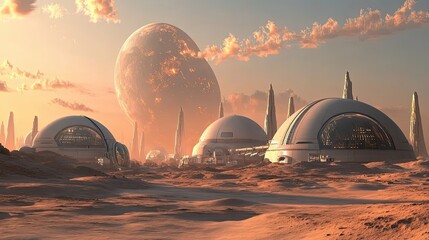 Futuristic Cityscape on a Red Planet with a Large Moon in the Sky
