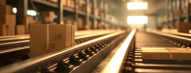 Closeup of multiple cardboard box packages seamlessly moving along a conveyor belt in a warehouse fulfillment center, a snapshot of e-commerce, delivery, automation and products.
