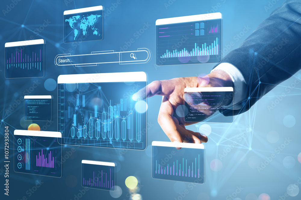 Poster Businessman interacting with digital data graphs and coding interfaces on a futuristic screen in blue background.