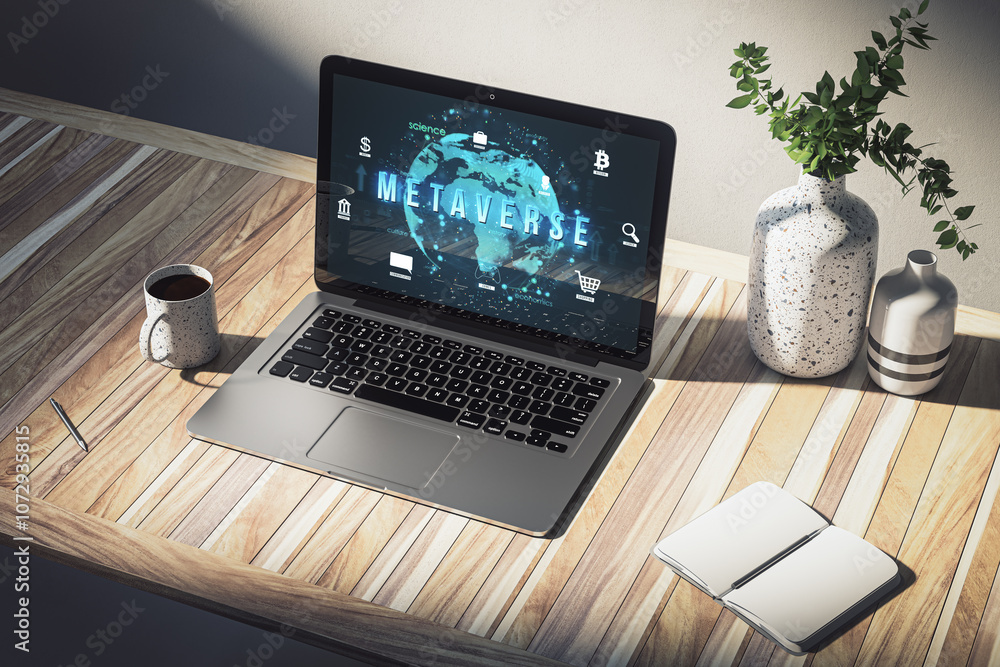 Poster laptop displaying metaverse graphics on desk with coffee cup and plants nearby. 3d rendering