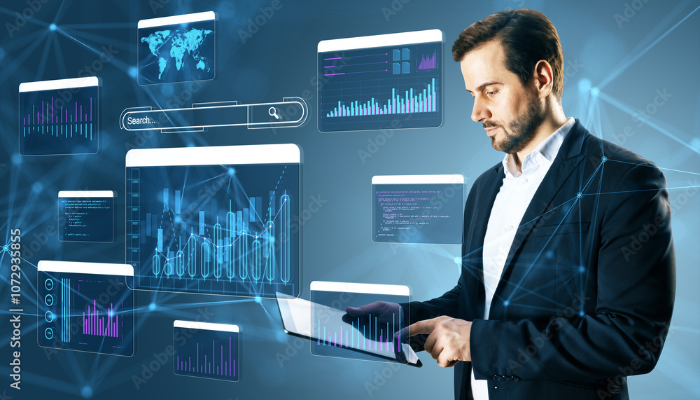 Poster businessman analyzing digital data on futuristic interface screens.