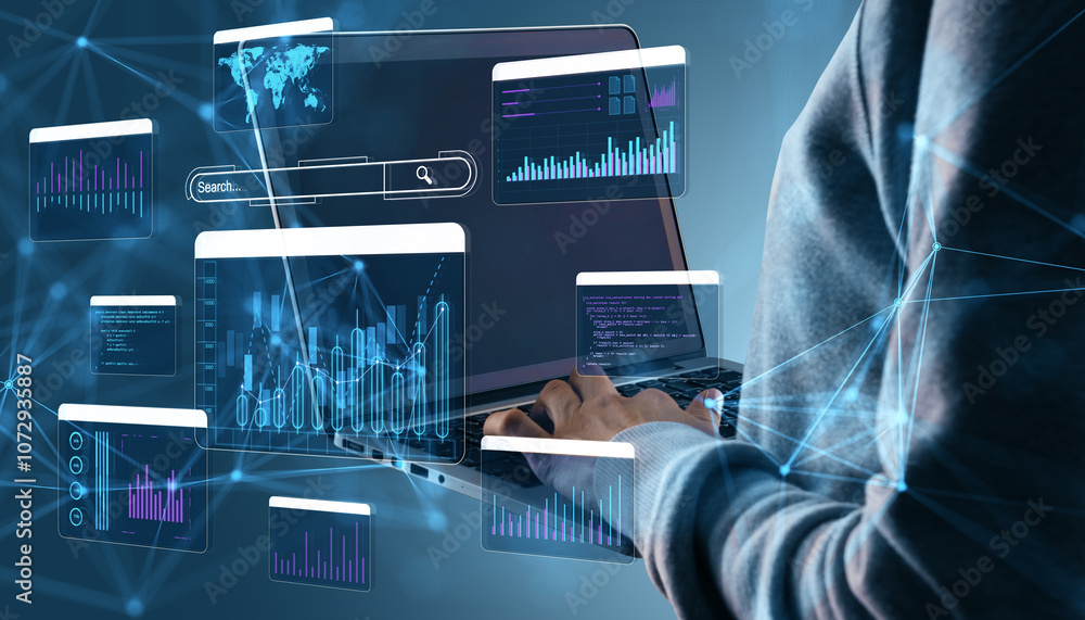 Poster Person working on a laptop with holographic data charts and code floating around. Futuristic technology concept in a dark blue setting.