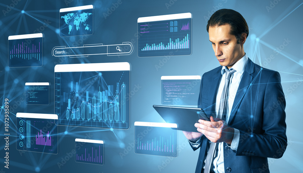 Aufkleber businessman analyzing data on tablet with digital graphs on futuristic technology background.