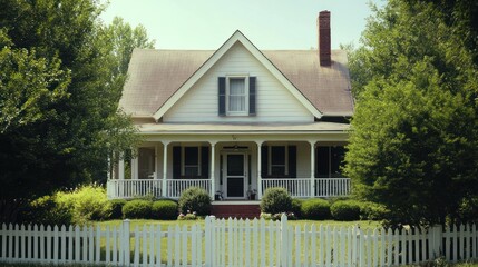 A white farmhouse with a wraparound porch and a white picket fence, surrounded by lush green trees.