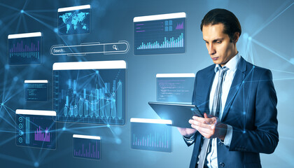Businessman analyzing data on tablet with digital graphs on futuristic technology background.