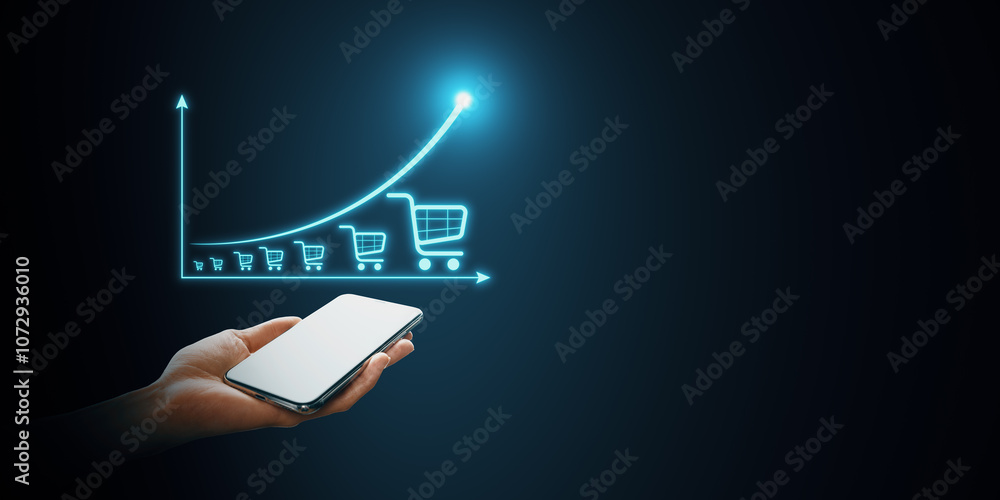 Poster mobile device in hand with digital shopping trolley icons on a graph background.
