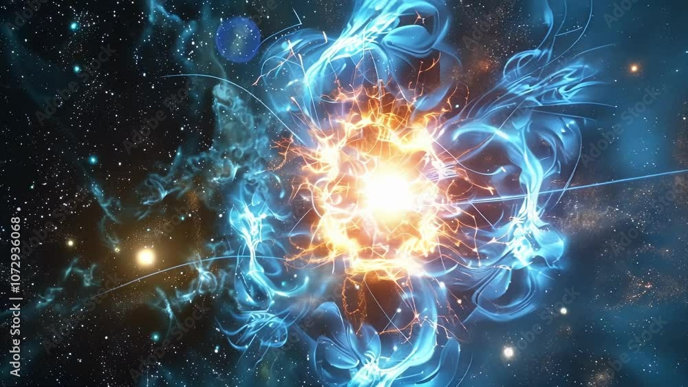 Poster a burst of light and energy emanating from a nucleus symbolizing an electron transitioning to a high