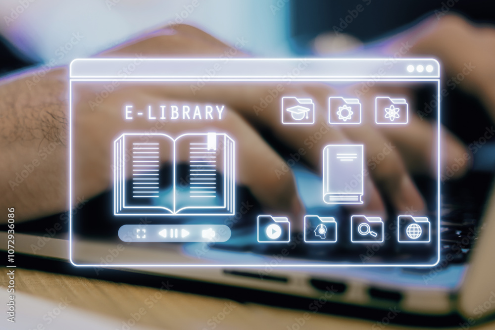 Poster digital e-library interface on laptop screen with icons and book symbol.