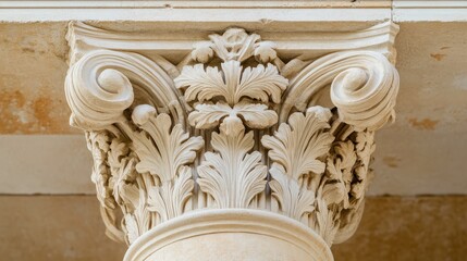 Naklejka premium Corinthian order column capital showing intricate floral relief carving