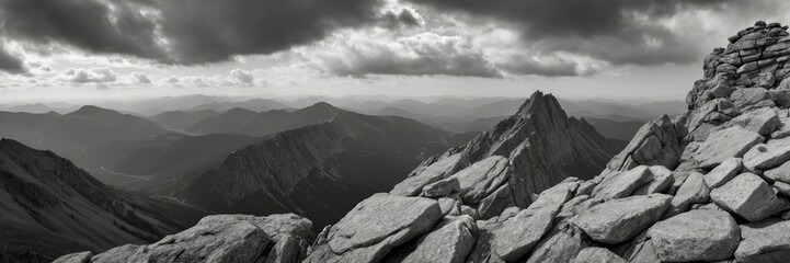 Obraz premium Black and White top of a rugged rocky mountain during a cloudy summer morning