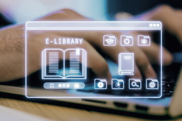 Digital E-Library Interface on Laptop Screen with Icons and Book Symbol.