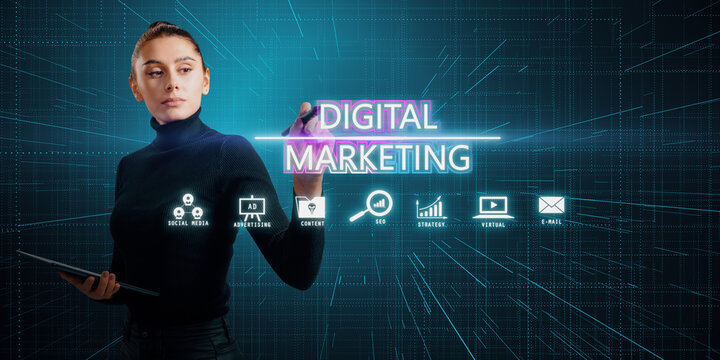 Businesswoman Engaging with Digital Marketing Elements on Futuristic Background.