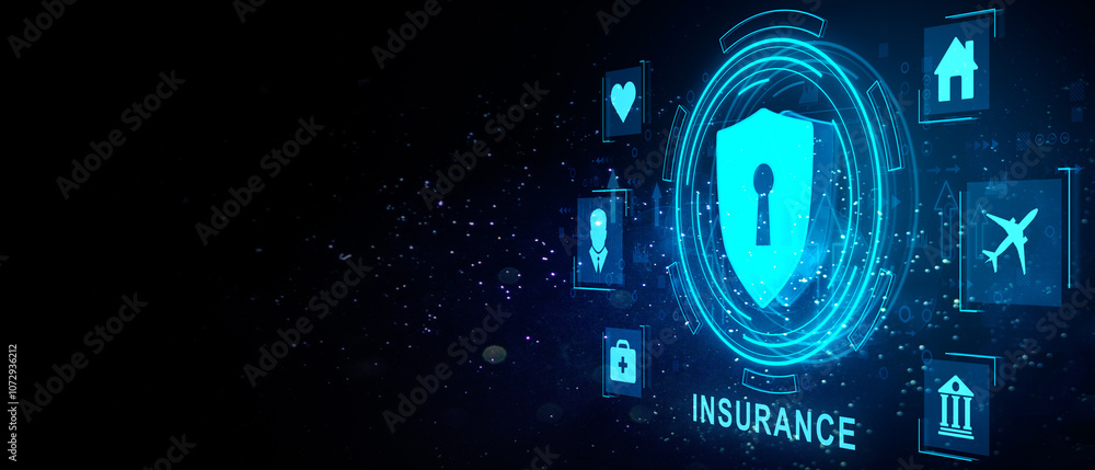 Poster digital insurance protection concept with hologram icons and background. 3d rendering