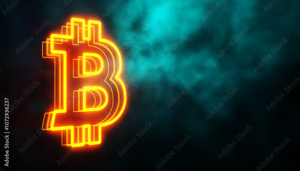 Poster neon bitcoin symbol glowing in dark smoke background. 3d rendering