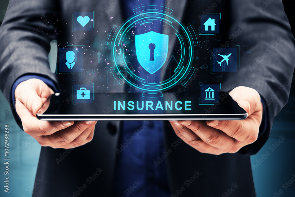 Poster digital insurance concept with holographic icons displayed on a tablet screen.