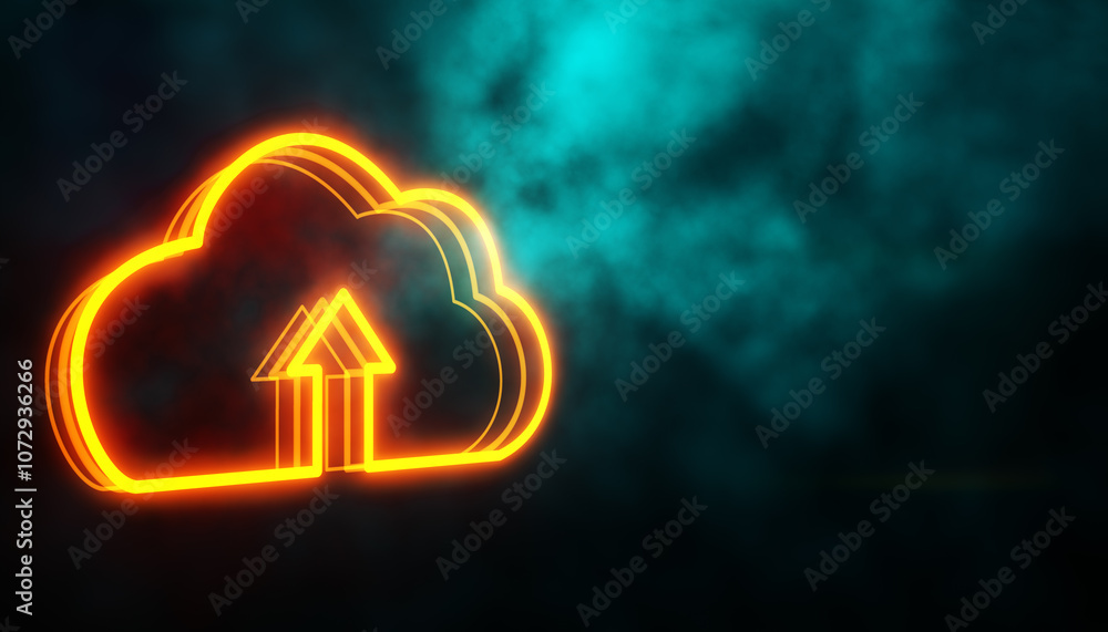 Poster Cloud storage icon with upload arrows in neon glow design. 3D Rendering