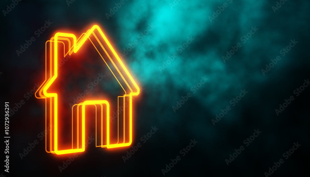 Poster neon house icon glowing against an abstract dark background. 3d rendering