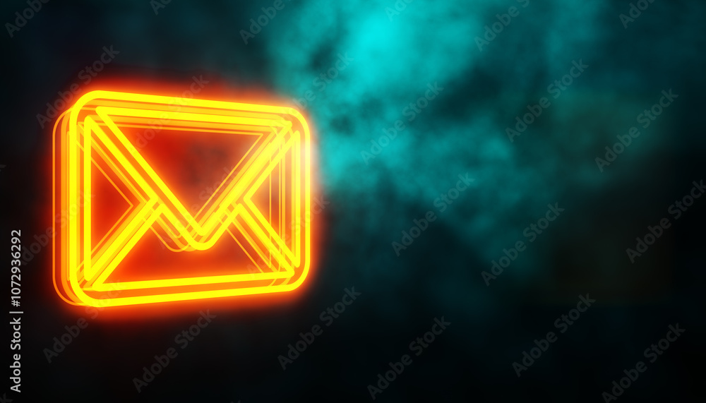 Aufkleber Neon envelope icon glowing in dark abstract background. 3D Rendering