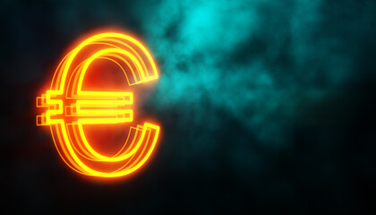 Neon euro sign glowing in dark background with smoke effects. 3D Rendering