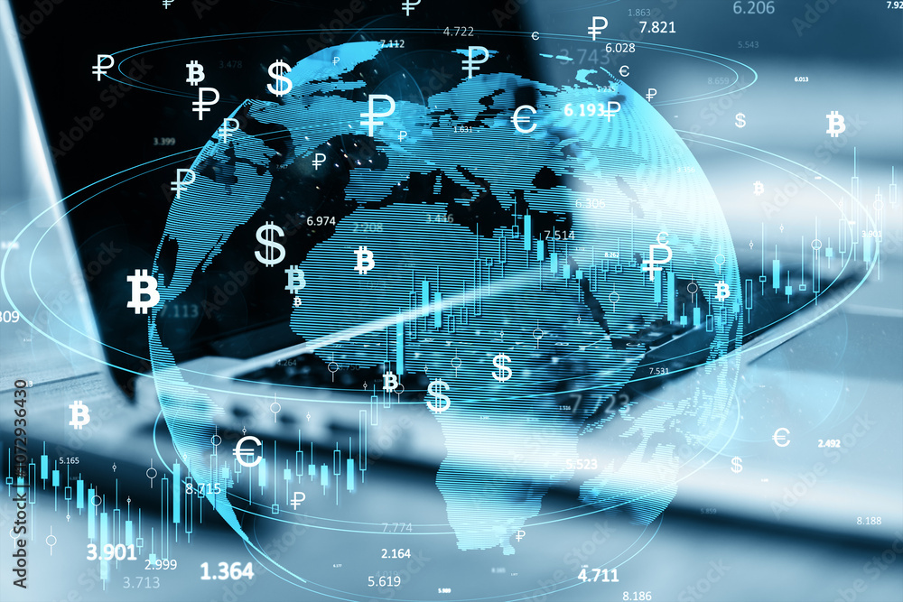 Poster Global Financial Symbols Overlaying a Digital World Map on a Computer Background.