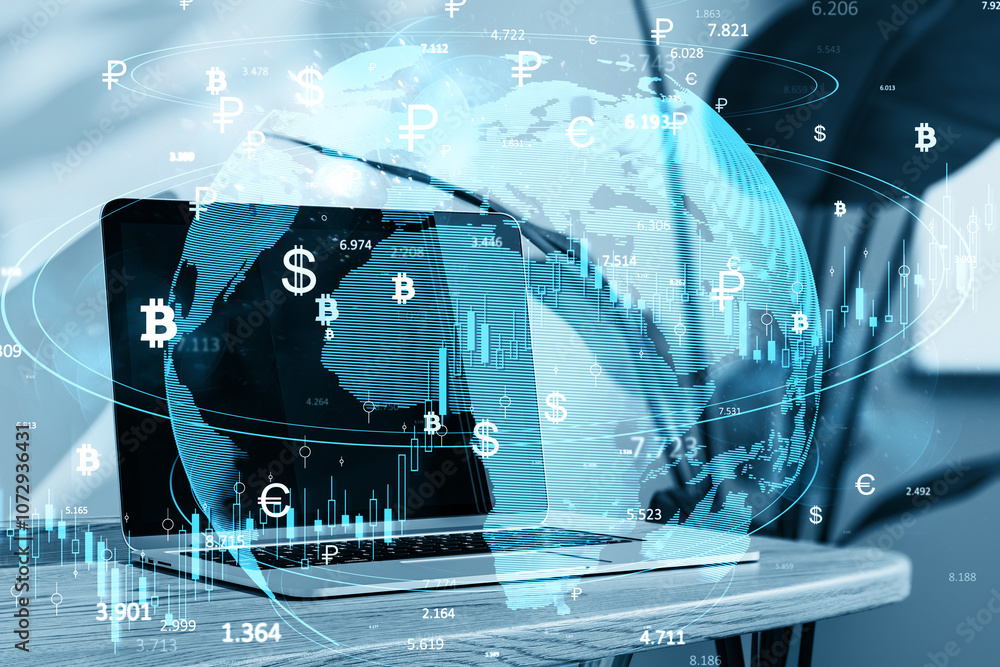 Aufkleber digital currency exchange concept with global map and financial symbols overlay.