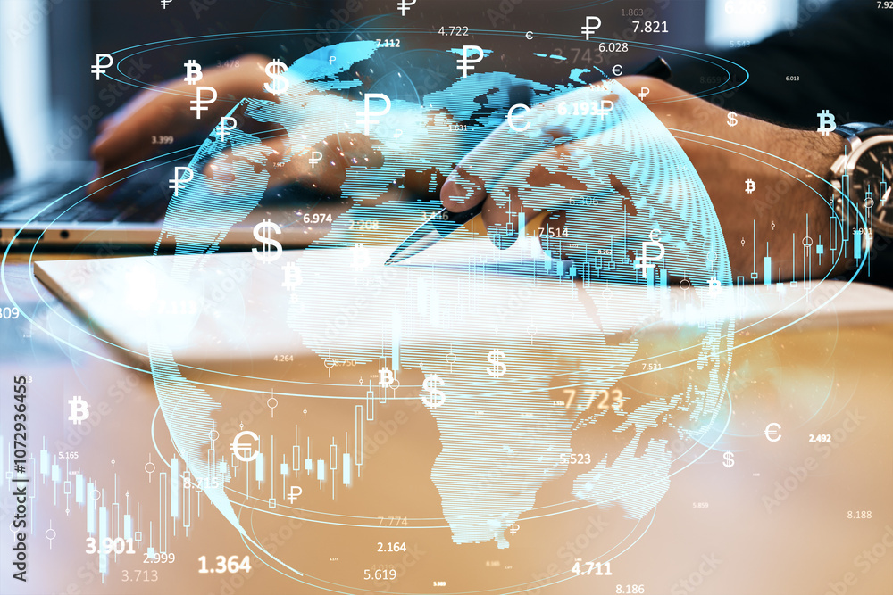 Poster digital currency exchange concept with global map and symbols.