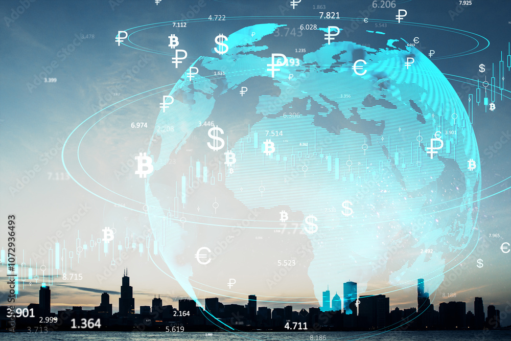 Poster global currency exchange and financial data overlay in a cityscape at dusk.