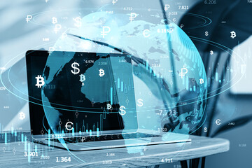 Digital Currency Exchange Concept with Global Map and Financial Symbols Overlay.