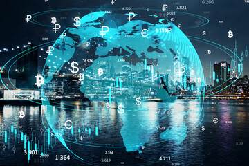 Digital World Finance Concept Over Cityscape at Night, Double Exposure Effect.