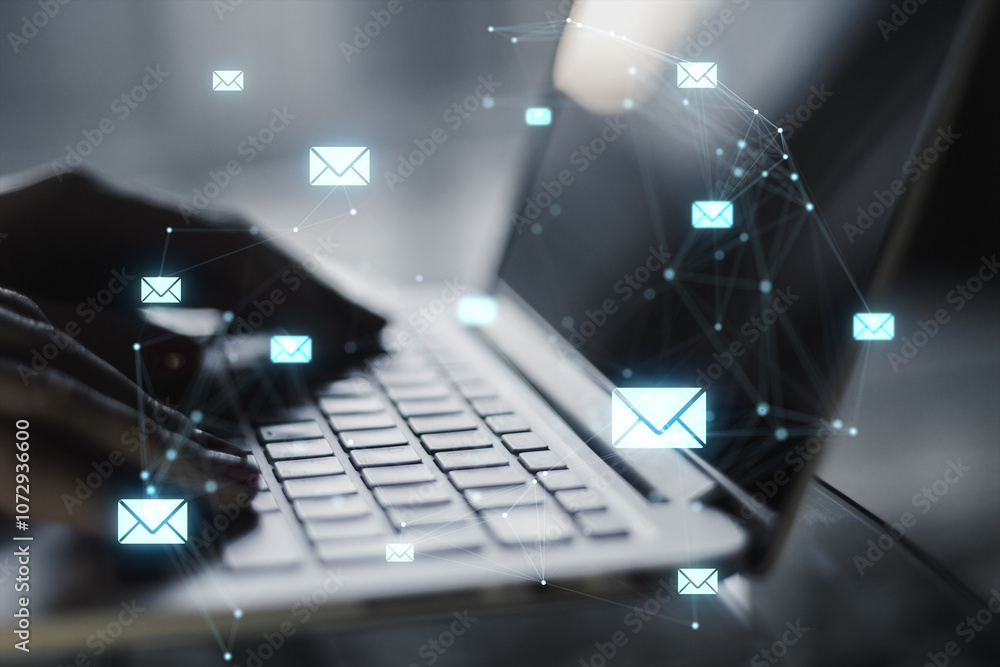 Poster digital communication concept: hands typing on laptop with email icons floating overhead.