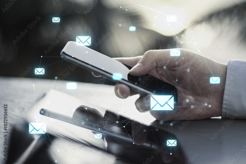 Poster Digital Communication Concept with Smartphone and Email Icons Displayed.