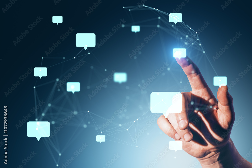 Poster Hand interacting with floating speech bubbles connected by digital lines on dark background, symbolizing communication network.