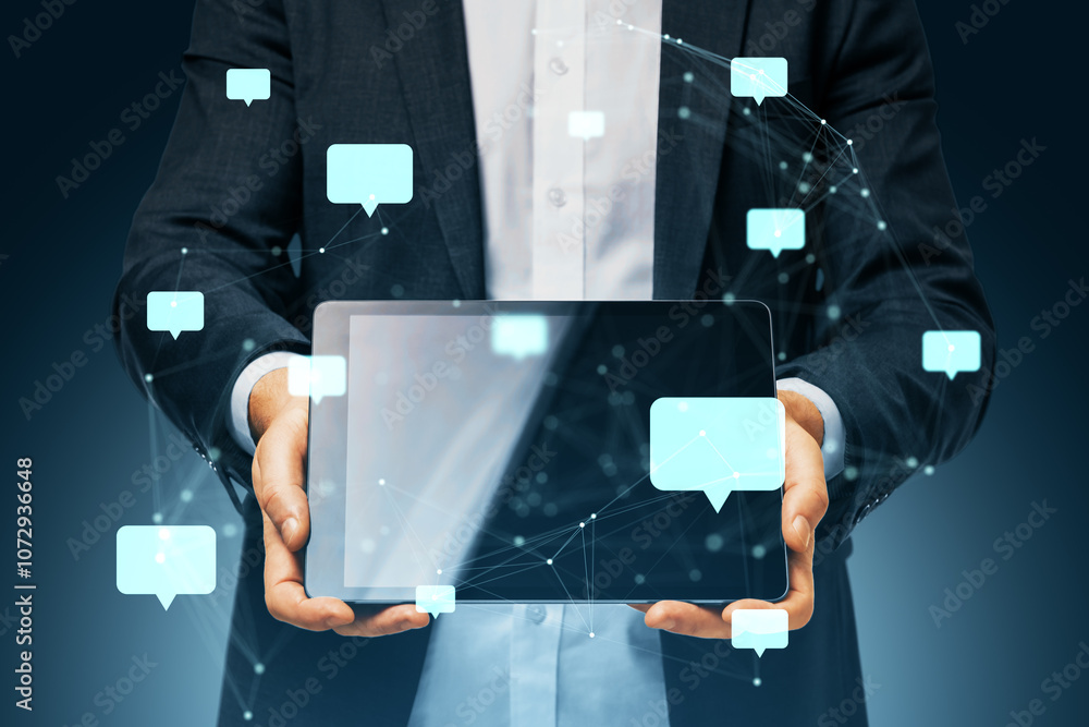 Poster businessman holding a tablet with speech bubbles, representing digital communication and social netw