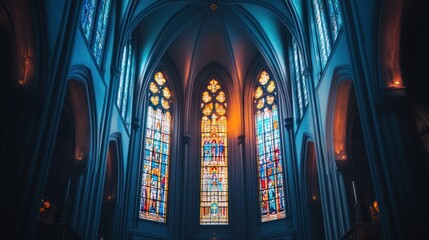 Looking up at the stained glass windows of a cathedral.