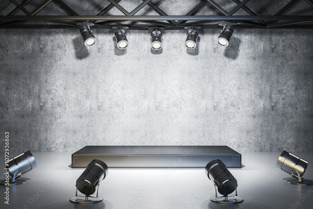 Aufkleber empty stage with spotlights and a concrete wall background for presentations or exhibits. 3d renderi