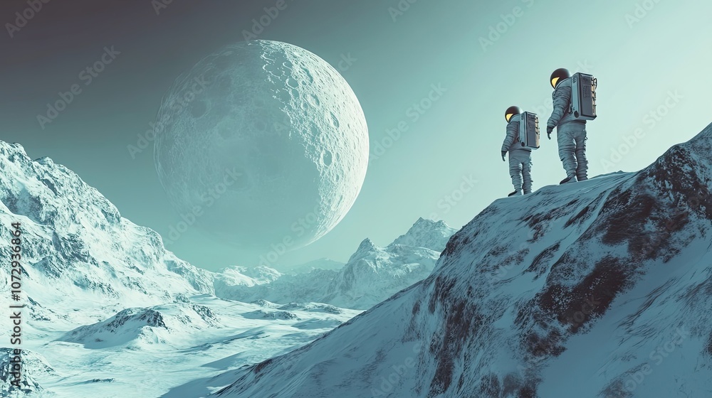 Poster two astronauts standing on a mountain ridge on a snowy alien planet with a large moon in the backgro