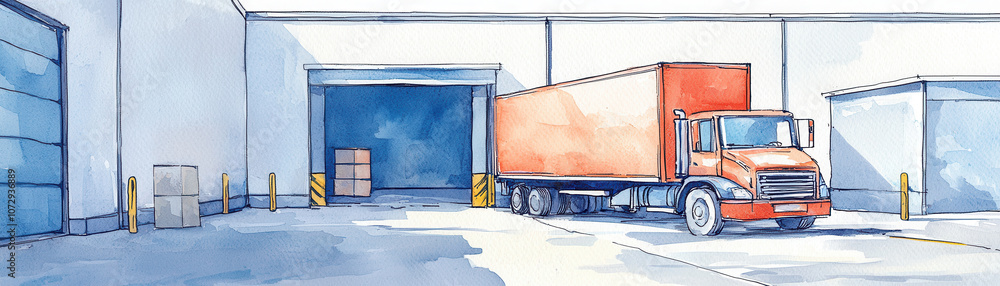 Poster A bright and spacious loading dock scene featuring an orange truck ready for unloading in a warehouse environment.