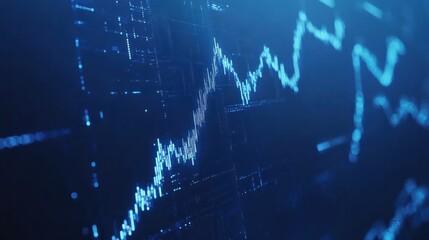 Digital stock market graph on a blue background, illuminated dots and lines forming a concept of analysis. Generative AI