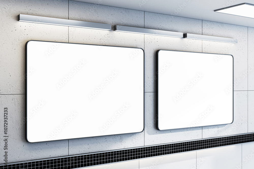 Poster Two blank rectangular frames on a modern subway wall. 3D Rendering