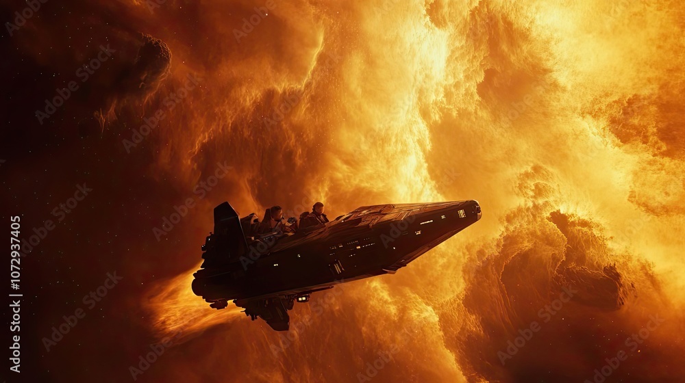Poster spaceship flying through a fiery nebula in outer space