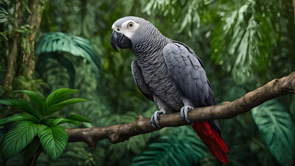 Fototapeta premium African grey parrot on a branch in lush jungle, Ai generated