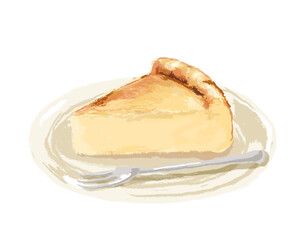 お皿に乗った手描きのベイクドチーズケーキ(フォーク付き)