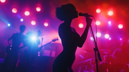 Dynamic silhouette of a female vocalist performing live with her band in a concert with vibrant stage lighting