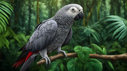 African grey parrot on a branch in lush jungle, Ai generated